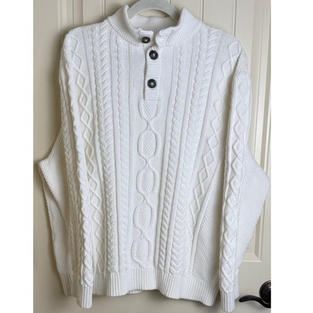 Tilley Cable Knit Cotton Sweater Men XXL Off-White / Cream Mock Neck Button NWOT